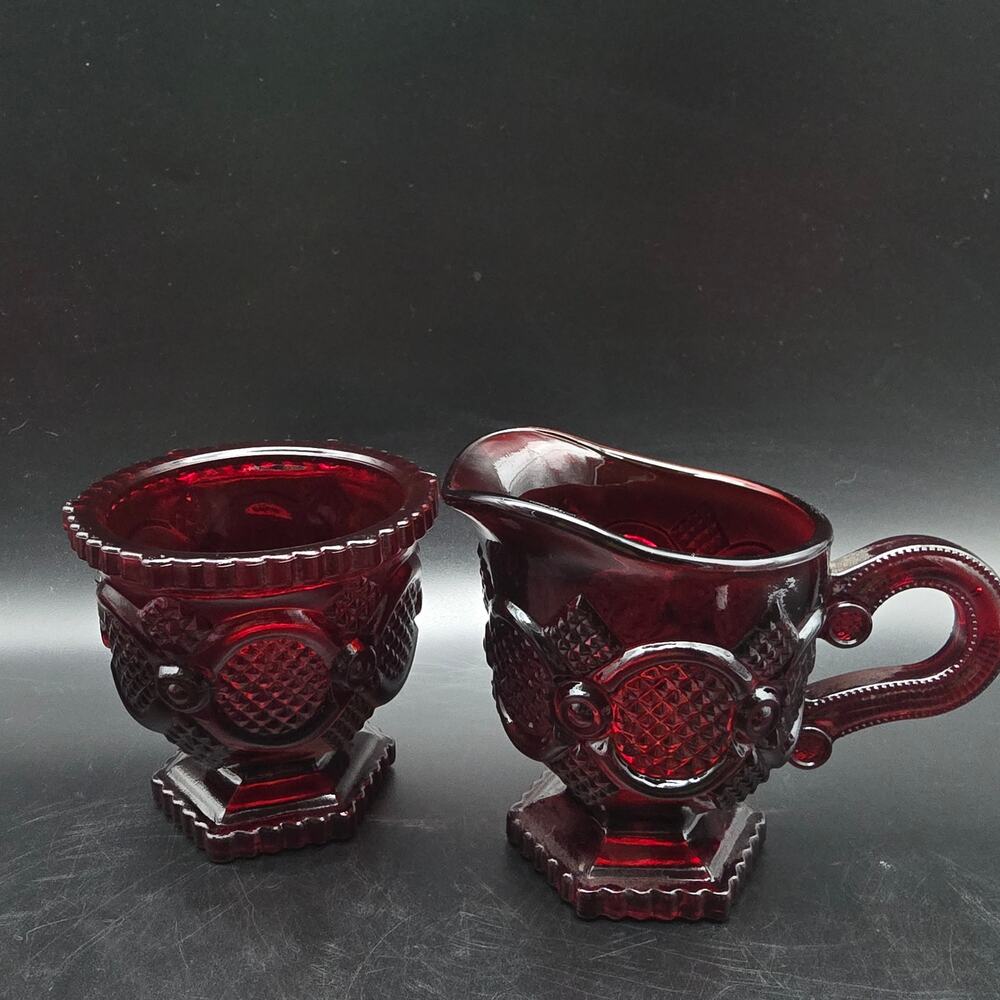 Avon Cape Cod Ruby Red Glass Cream Sugar Dish Set Vintage Romantic Gothic